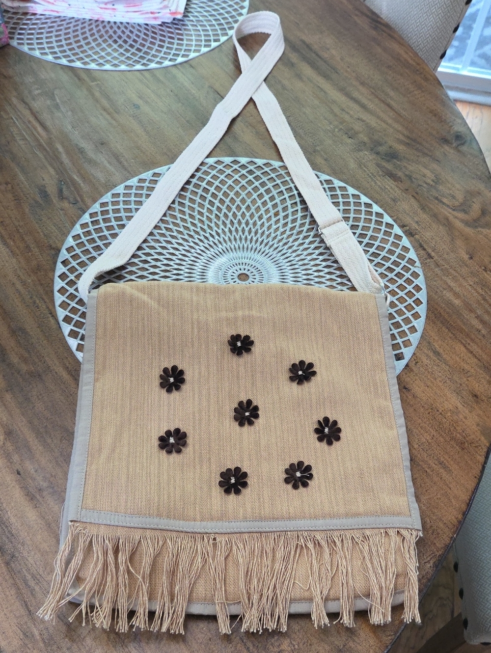 Beige Floral Fringe Crossbody Bag